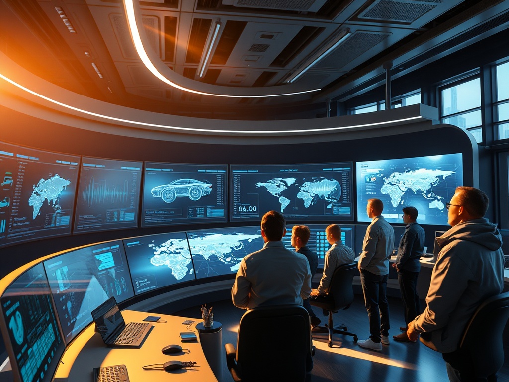 A futuristic command center with large curved monitors displaying real-time vehicle diagnostics, a team of software engineers in minimalist Scandinavian workwear gathered around a holographic map, natural light streaming through floor-to-ceiling windows, 8k photorealistic commercial photography, cinematic lighting