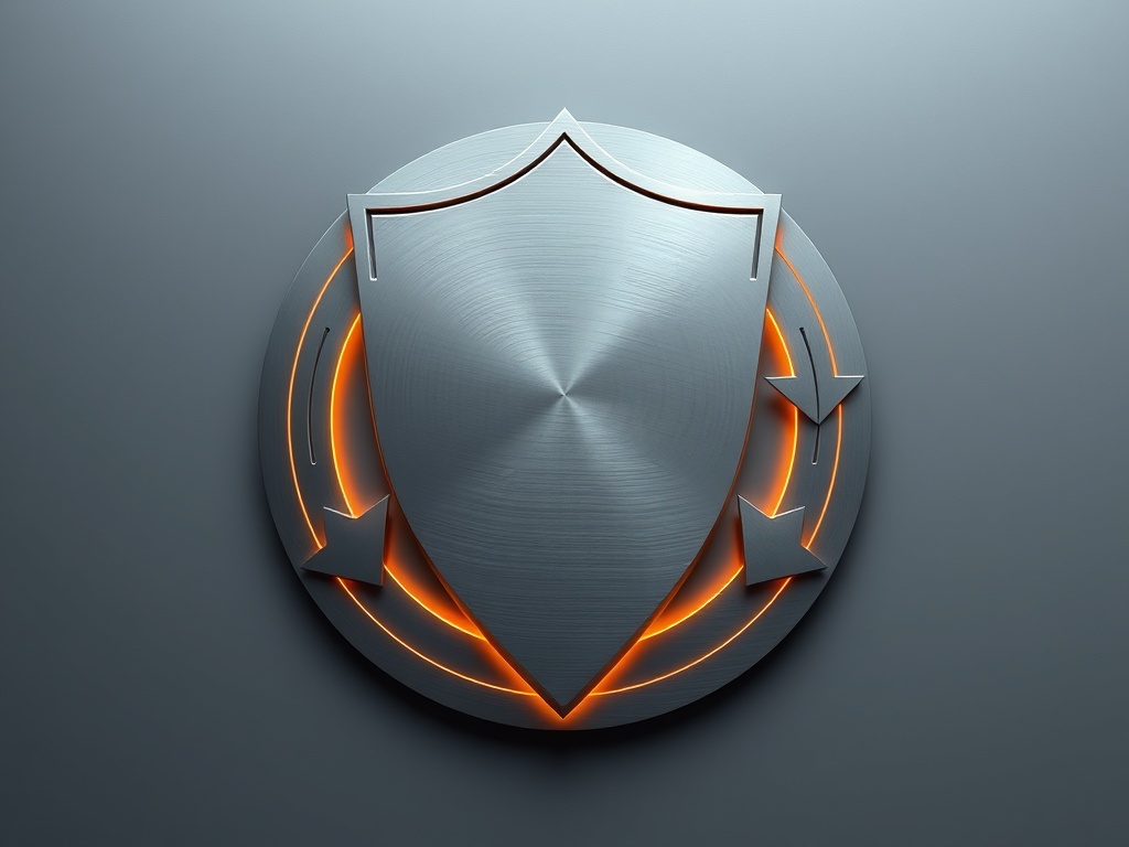 An abstract emblem combining a shield and a circular arrow, rendered in brushed metal with glowing accents, minimalist, high-end, 8k photorealistic